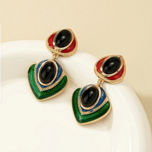 Gold Plated Enamel Earrings - Picture 2 of 4